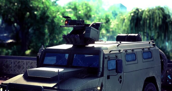 An armored military vehicle equipped with a turret display stands under the bright sun. Surrounding greenery highlights the contrast between nature and technology, creating an intriguing atmosphere.