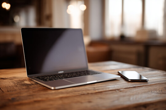 Laptop and Smartphone on Wooden Desk