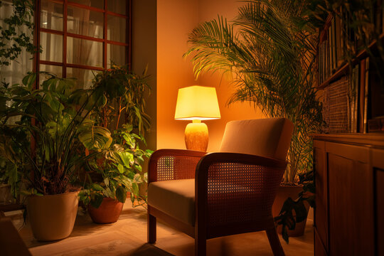 Cozy Reading Corner with Plants and Lamp