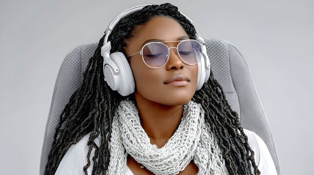 Woman in travel seat with headphones relaxes, listening for wellness/commuting