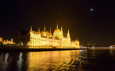 View of Hungarian Parliament Building with night lighting, Budapest.