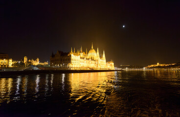 View of Hungarian Parliament Building with night lighting, Budapest.