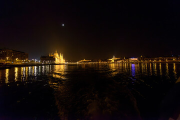 Panorama towards Hungarian Parliament Building with night lighting, Budapest.