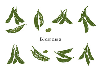 Edamame Vector Illustration with Woodblock Print/Seal Design Aesthetic／枝豆