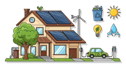 Hand-drawn eco-friendly house with solar panels a wind turbine and an electric car charging station. © Rizal