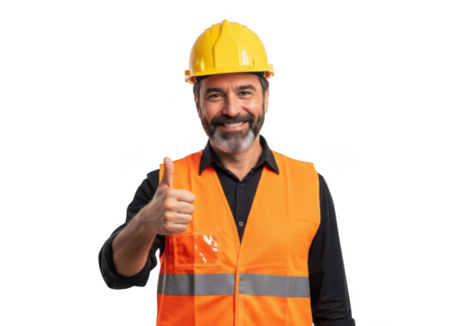 Construction worker in yellow hard hat and orange vest giving thumbs up isolated on transparent background