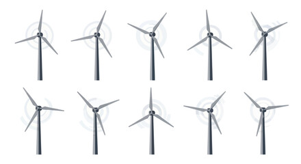 Set of isolated wind turbines showing a rotation sequence with spinning blades and motion blur. © Rizal