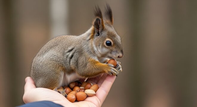 A squirrel holding nuts in its paws.