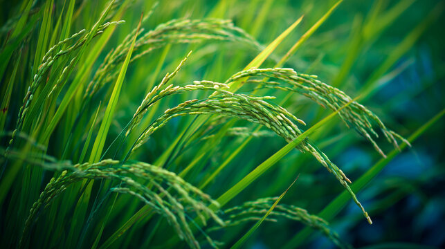 Close up of green rice plants with ripening grains in a lush paddy field under soft natural light