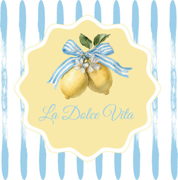 Watercolor lemon with blue ribbon illustration