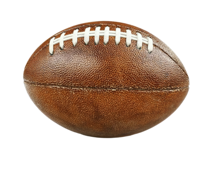 Brown, textured American football with white laces on a black background