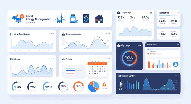 Modern Energy Consumption Dashboard Interface with Data Visualization and Calendar.