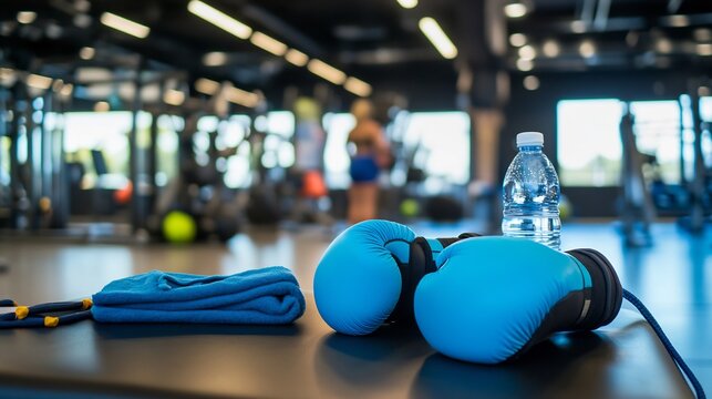 Pair of bright blue boxing gloves resting on a bench in a modern gym with water bottles a towel and a jump rope nearby surrounded by exercise equipment and gym goers training - Powered by Adobe