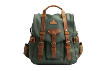 Olive backpack with leather straps and buckle closures on black