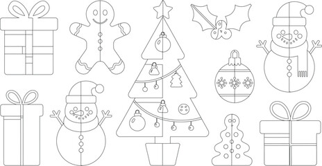 Christmas Coloring Page with Gift Boxes, Snowmen, Gingerbread Man, Ornament, and Christmas Tree Line Art