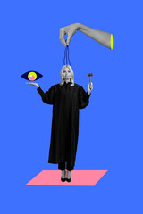 Sketch design artwork 3D photo collage of prosecution judge criminal authority tribunal hammer hand...