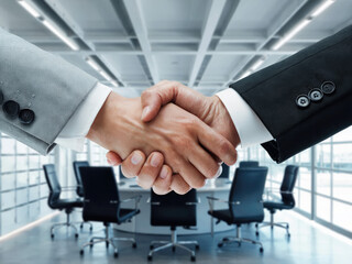 Professional business handshake in modern office building, partnership agreement and corporate success concept, businessmen shaking hands for teamwork and cooperation
