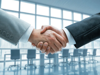 Professional business handshake in modern office building, partnership agreement and corporate success concept, businessmen shaking hands for teamwork and cooperation