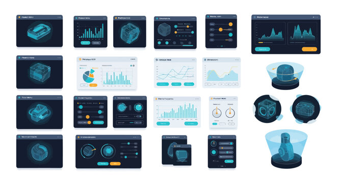 Collection of Digital Interface Screens with Data Visualization Elements.