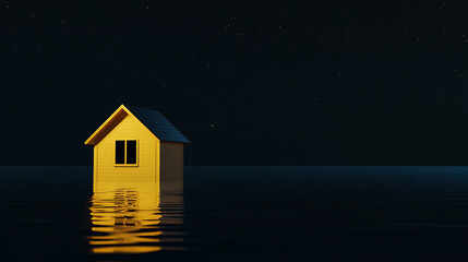Isolated house on water, illuminated under a starry night. Reflections create a surreal and serene atmosphere. A solitary haven.