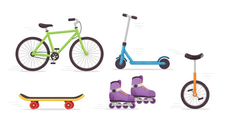 Assortment of colorful personal transportation vehicles and sporting equipment. © Rizal