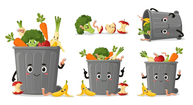Cartoon Trash Cans Overflowing with Food Waste Featuring Eyes and Arms.