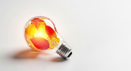 A light bulb with autumn leaves inside, emitting a warm yellow light.