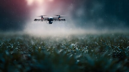 Fototapeta premium Advanced agricultural drone spraying crops over a misty field under dramatic moody lighting signifying modern farming