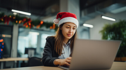 Young hispanic woman wearing santa hat making a video call on laptop in modern coworking space decorated with festive christmas garlands during daylight.