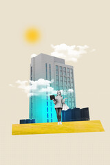 Pop art image poster 3d banner collage of happy old woman hold bags black friday sale flat building laptop real estate agent