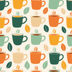 Obraz premium Seamless pattern with colorful coffee cups and beans.