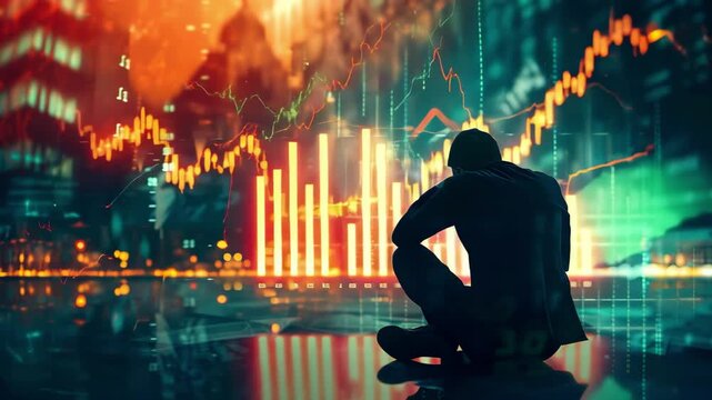 Silhouette of sad crypto trader sitting on background of stock market charts. Bitcoin cryptocurrency crash. Stock market recession and loss