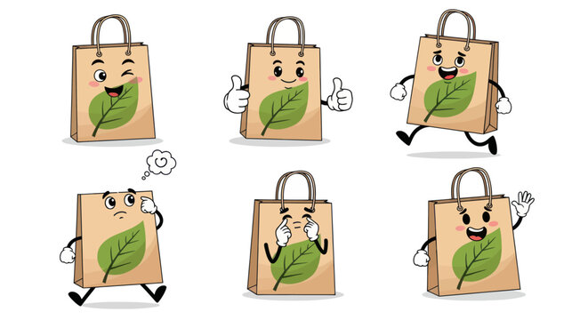 Cartoon Brown Paper Bag Characters with Green Leaf Design and Expressive Faces.