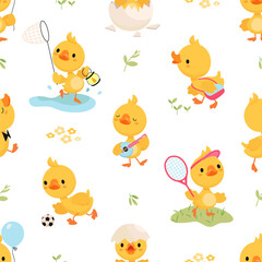 Yellow ducklings seamless pattern. Funny duckling characters, children design. Cute print with tiny cartoon ducks for fabric, wallpaper, nowaday vector background