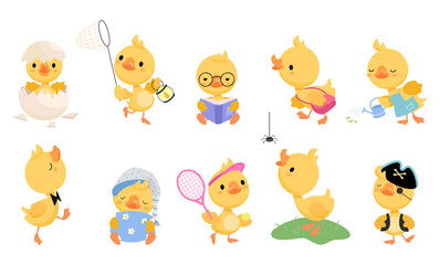 Funny ducklings. Cartoon yellow duckling various emotions and poses. Little duck read, play tennis, walking. Isolated farm bird characters, nowaday vector clipart