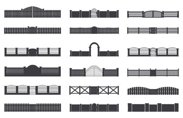 Black fences. Gates, fence and entries arches isolated silhouettes. Decorative stickers templates, garden elements for cutting, sapid vector set
