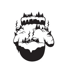 Black silhouette of a winter village nestled inside a mitten with snow covered hills and pine trees