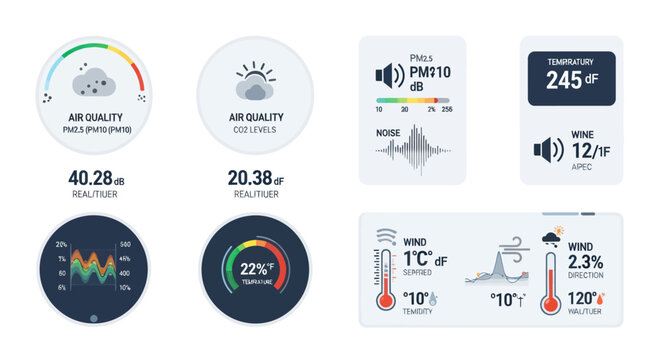 Air Quality and Environmental Monitoring Dashboard Interface Elements.