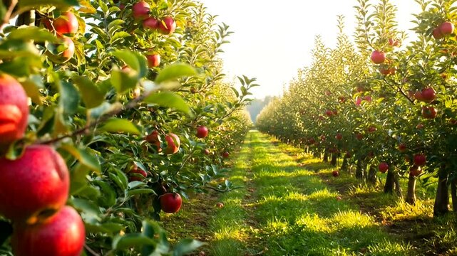 Lush apple orchard with ripe red apples under warm sunlight, showcasing rows of trees and greenery