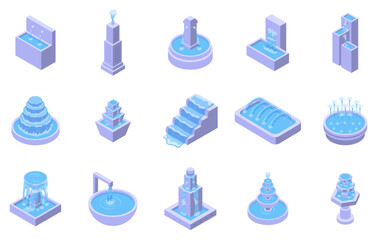 Isometric city fountain. Stone bowls with water, urban architecture elements for garden, park, squares. Decorative fountains for drink, nifty vector set