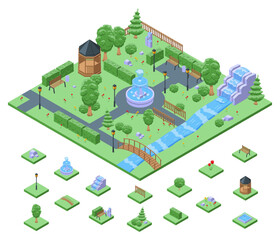 Isometric city park with fountain. Urban garden location with fountains and decorative waterfall, bench, walking and rest area. Architecture nifty vector scene