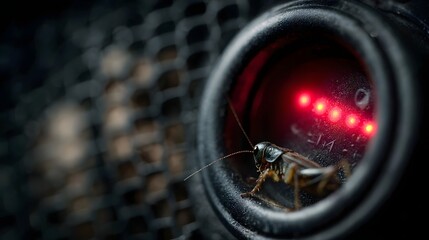 A close up high  image of a cricket inside a specialized device featuring bright red indicator lights for monitoring and control
