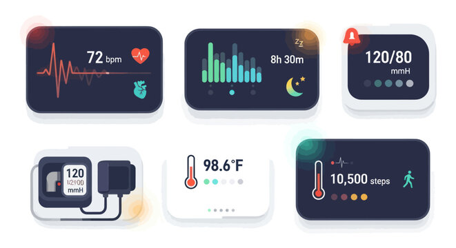 Digital Health Monitoring Displays Showing Vital Signs and Activity.