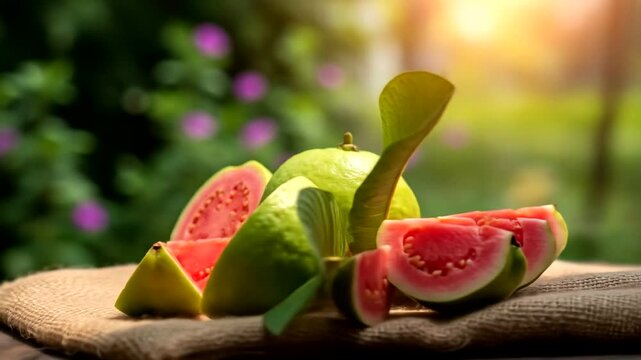 Freshly cut guavas arranged artistically on a burlap cloth, with a lush garden backdrop