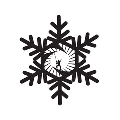 Silhouette of a person climbing a mountain peak within a stylized snowflake shape vector