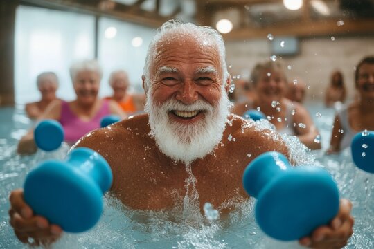 Elderly caucasian male enjoying water aerobics with dumbbells - Powered by Adobe