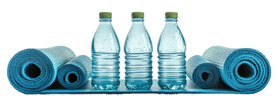 Rolled yoga mats flank three water bottles on a turquoise mat