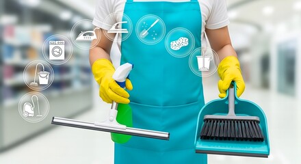 Cleaning service professional with tools and icons of cleaning tasks