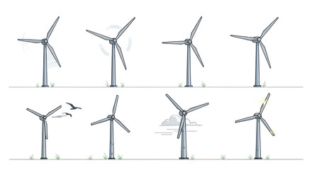 Hand-drawn wind turbines illustrating renewable energy generation and sustainable power technology. © Rizal