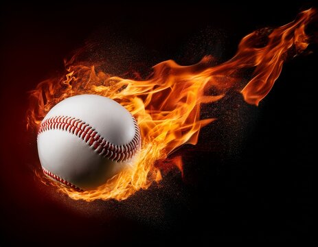 a flying baseball in a fire flame on a dark black background dynamic game of baseball fast ball fire game creative baseball advertising - Powered by Adobe